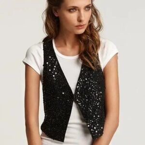 Eileen Fisher Black Sequin Silk Matka Vest Racerback Hook & Eye Closure S